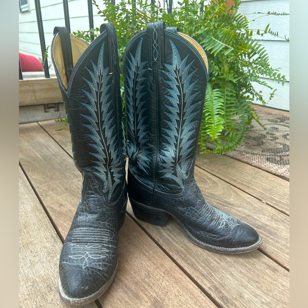 Vintage Tony Lama Cowboy Boots Black Leather Blue Stitch Detail Western Womens 7